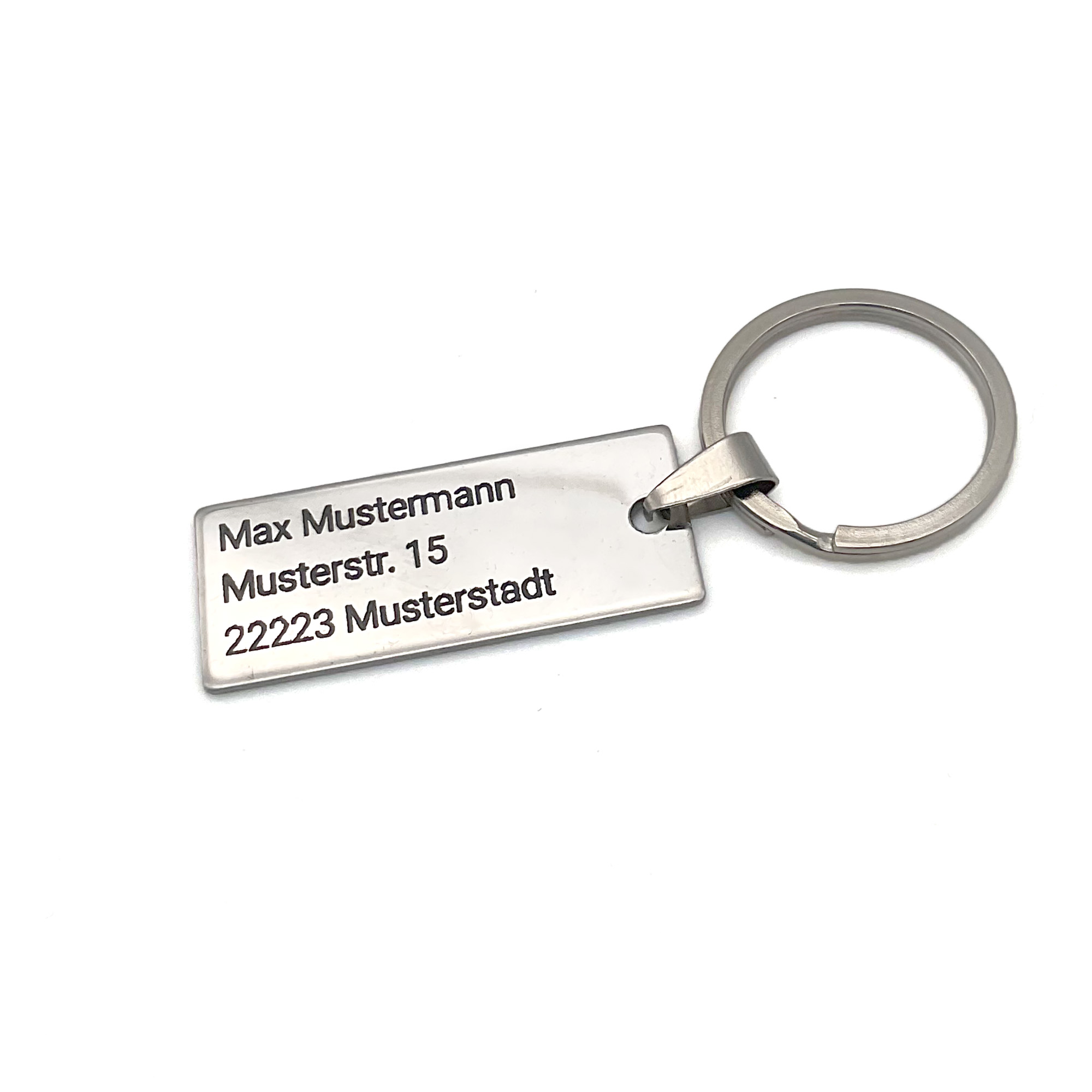 Edelstahl-Schlüsselanhänger mit Wunschgravur - Adresse / Telefonnummer Gravur