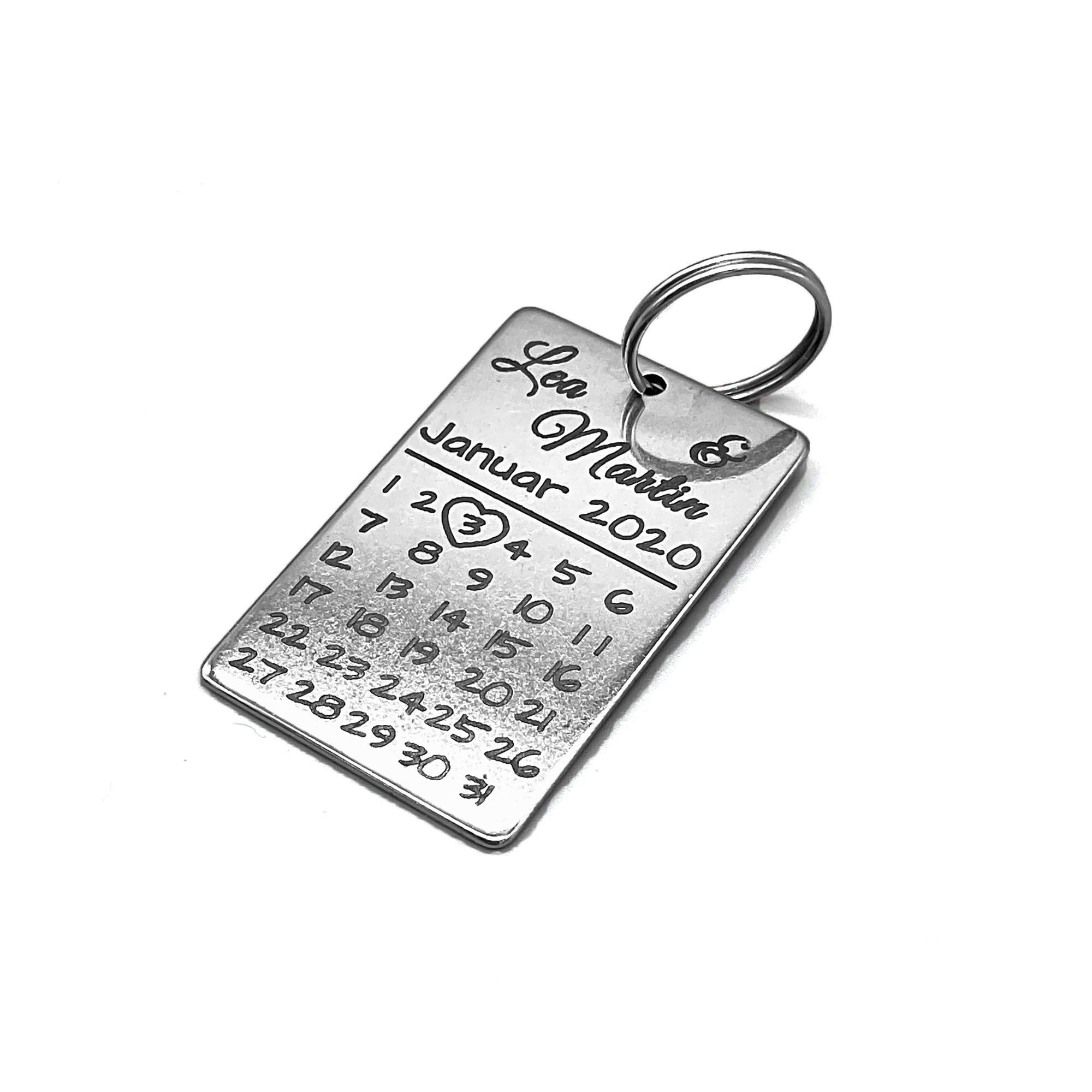 Personalisierter Kalender Schlüsselanhänger aus Edelstahl Datum Motiv mit Gravur